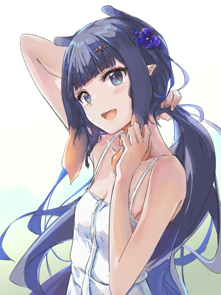 1girl arm_up bangs bare_arms bare_shoulders blue_eyes blunt_bangs commentary dress flat_chest flower gradient_hair hair_flower hair_ornament hairclip highres hololive hololive_english long_hair mole mole_under_eye multicolored_hair ninomae_ina'nis orange_hair pointy_ears purple_hair sidelocks solo tallgeese_(lgeesel) tentacle_hair tying_hair very_long_hair virtual_youtuber white_background white_dress