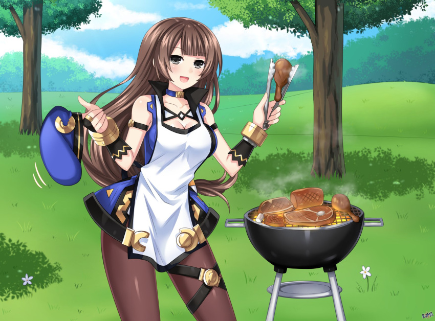 1girl bangs beret breasts brown_hair c-sha choker cleavage commission cooking food grey_eyes hat highres lewdkuma long_hair looking_at_viewer meat medium_breasts navel neptune_(series) outdoors pantyhose shin_jigen_game_neptune_vii smile solo