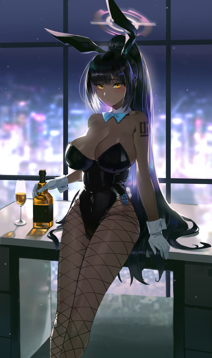 1girl absurdres alcohol animal_ears backlighting bangs bare_shoulders black_hair blue_archive blue_bow blue_bowtie blurry blurry_background blush bow bowtie breasts champagne_flute city_lights cleavage commentary_request cup dark-skinned_female dark_skin desk detached_collar drinking_glass fake_animal_ears fake_tail feet_out_of_frame fishnet_pantyhose fishnets gloves halo highleg highleg_leotard highres karin_(blue_archive) karin_(bunny)_(blue_archive) korean_commentary large_breasts leotard long_hair looking_at_viewer number_tattoo official_alternate_costume on_desk pantyhose playboy_bunny ponytail rabbit_ears rabbit_tail rayrijo sitting sitting_on_desk solo strapless strapless_leotard tail tattoo traditional_bowtie white_gloves window yellow_eyes