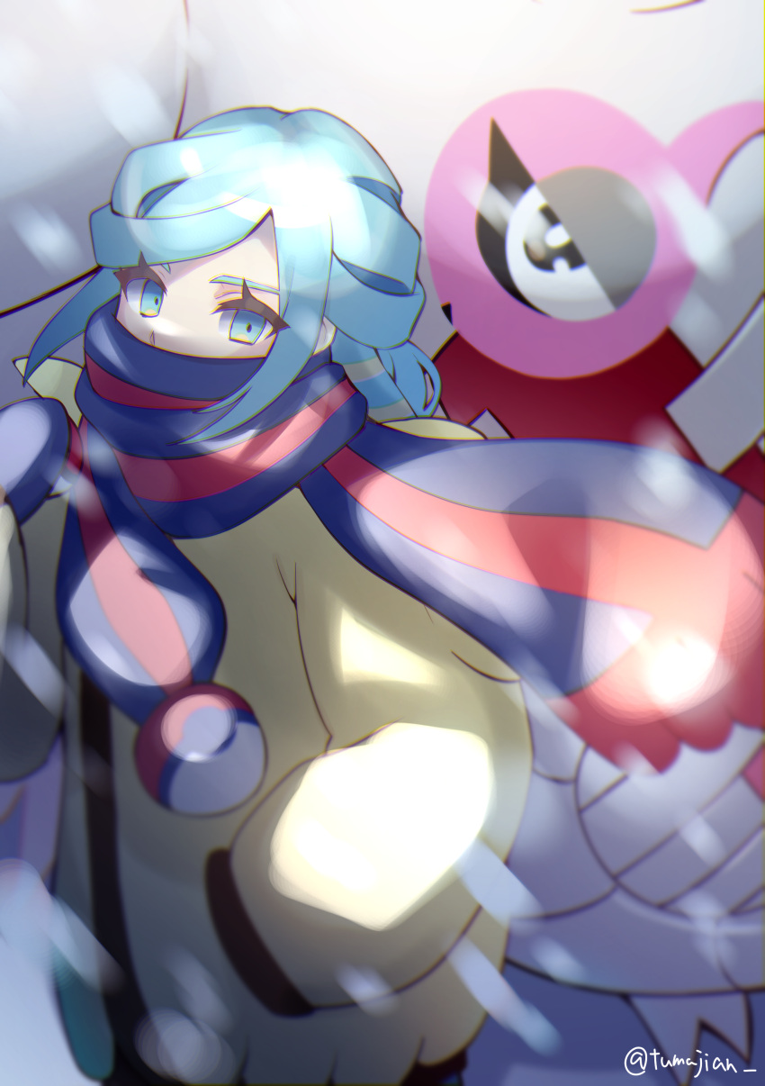 1boy absurdres aqua_eyes aqua_hair bangs blue_mittens blue_scarf cetitan commentary_request eyelashes grusha_(pokemon) hand_in_pocket highres jacket looking_at_viewer male_focus outdoors poke_ball_print pokemon pokemon_(creature) pokemon_(game) pokemon_sv scarf scarf_over_mouth snowing striped striped_scarf tumajian watermark yellow_jacket