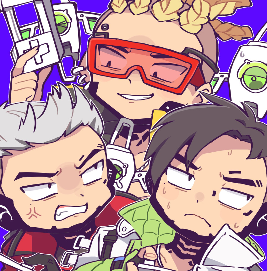 3boys anger_vein animification apex_legends black_eyes black_hair blonde_hair blue_background clenched_teeth collarbone cornrows crypto_(apex_legends) devil's_advocate_crypto frown hack_(apex_legends) highres hype_beast_crypto jacket looking_up male_focus multiple_boys multiple_persona nojima_minami non-humanoid_robot official_alternate_costume parted_lips red_jacket robot sanpaku smile smirk sunglasses teeth turn_pale wavy_mouth
