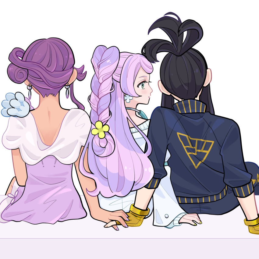 3girls arm_support black_hair black_jacket black_pants blush buttons coat commentary_request dendra_(pokemon) dress earrings fingerless_gloves fresh_scream from_behind gloves green_eyes highres holding_hands jacket jewelry long_sleeves looking_to_the_side miriam_(pokemon) multiple_girls nail_polish pants pokemon pokemon_(game) pokemon_sv purple_dress purple_hair sidelocks sitting sweater tulip_(pokemon) white_background yellow_gloves