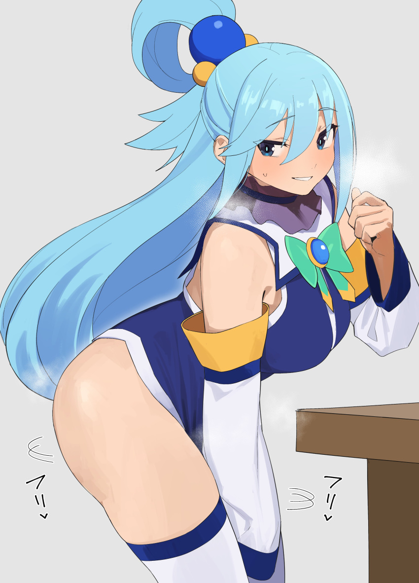 1girl absurdres aqua_(konosuba) arms_at_sides ass bangs blue_eyes blue_hair bow breasts detached_sleeves from_side green_bow grin hair_ornament highres jikatarou kono_subarashii_sekai_ni_shukufuku_wo! large_breasts long_hair no_panties shirt single_hair_ring sleeveless sleeveless_shirt smile solo teeth thighhighs thighs white_sleeves