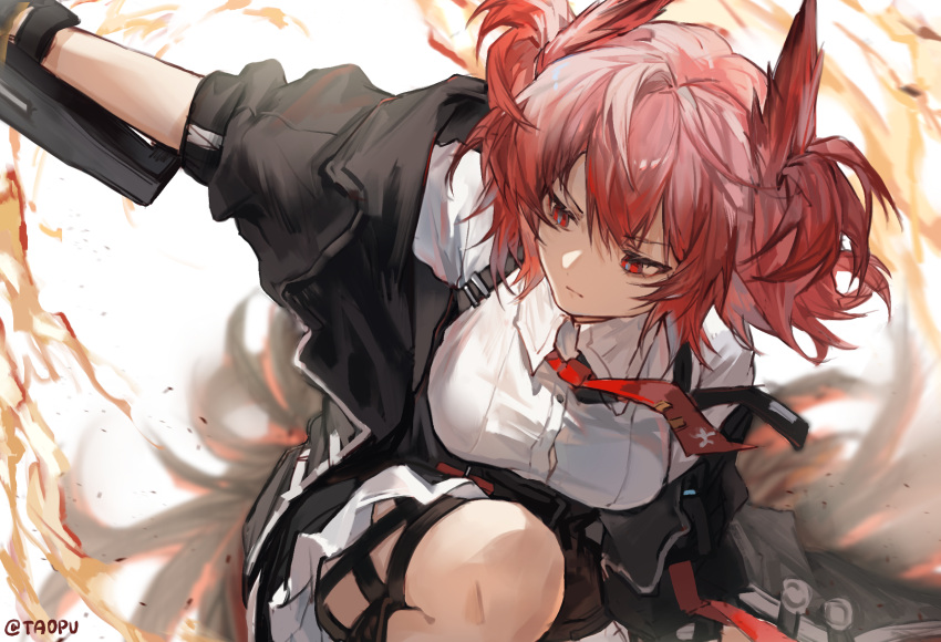 1girl arknights artist_name bangs black_jacket black_skirt closed_mouth collared_shirt expressionless feather_hair fiammetta_(arknights) fire highres jacket medium_hair necktie off_shoulder red_eyes red_hair red_necktie shirt skirt sleeves_past_elbows solo suspenders thigh_strap tie_clip white_shirt yipingtaopuzi