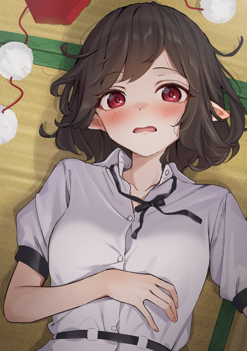 1girl :o bangs black_hair blush breasts commentary_request ear_blush full-face_blush hat headwear_removed highres kanpa_(campagne_9) looking_at_viewer loose_neck_ribbon lying medium_breasts on_back pointy_ears red_eyes shameimaru_aya shirt solo tatami tokin_hat touhou white_shirt
