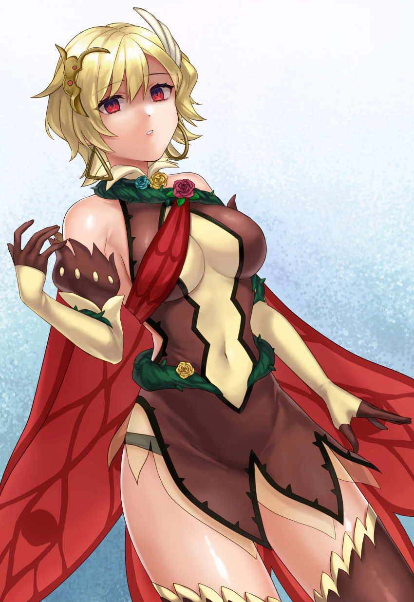 1girl absurdres alternate_costume bare_shoulders black_dress black_thighhighs blonde_hair blue_background breasts cape citrinne_(fire_emblem) commentary_request commission corrin_(female)_(fire_emblem) corrin_(female)_(fire_emblem)_(cosplay) corrin_(fire_emblem) cosplay covered_navel cowboy_shot dress earrings elbow_gloves fire_emblem fire_emblem_engage fire_emblem_heroes gloves gradient_background hazuki_(nyorosuke) highres hoop_earrings jewelry large_breasts looking_at_viewer parted_lips red_cape red_eyes shaded_face short_dress short_hair skeb_commission sleeveless sleeveless_dress solo standing thighhighs thighs white_background wing_hair_ornament