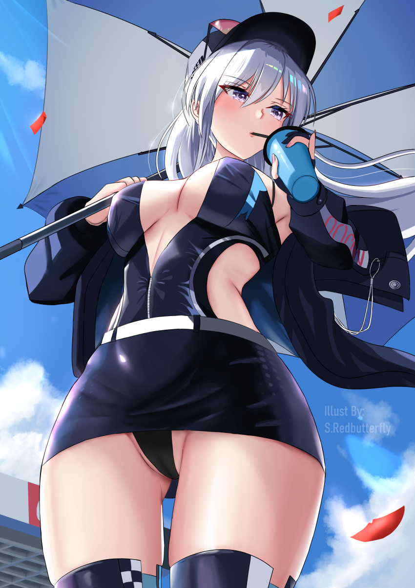 1girl absurdres artist_name azur_lane bangs bare_shoulders baseball_cap blush breasts cowboy_shot cup disposable_cup drink drinking_straw elbow_gloves enterprise_(azur_lane) enterprise_(wind_catcher)_(azur_lane) eyewear_on_headwear gloves hair_between_eyes hat highres holding holding_cup jacket leotard long_hair long_sleeves looking_away medium_breasts miniskirt navel off_shoulder official_alternate_costume open_clothes open_jacket outdoors partially_fingerless_gloves ponytail puffy_long_sleeves puffy_sleeves purple_eyes purple_gloves purple_headwear purple_jacket purple_leotard purple_skirt s_redbutterfly single_elbow_glove skirt solo standing sunglasses thighhighs underwear very_long_hair white_hair