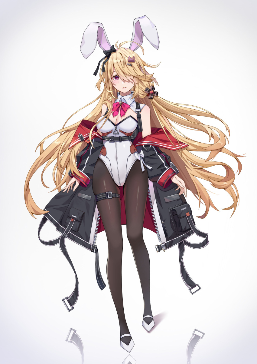 1girl absurdres alternate_costume animal_ears bangs black_bow black_jacket black_pantyhose blonde_hair blush bow bowtie breasts calder_(pixiv3698273) cleavage commentary covered_navel detached_collar fake_animal_ears full_body hair_bow hair_ornament hair_over_one_eye highres jacket leotard long_hair long_sleeves looking_at_viewer medium_breasts multicolored_clothes multicolored_jacket nemesis_(tower_of_fantasy) off_shoulder open_clothes open_jacket open_mouth pantyhose pink_bow pink_bowtie playboy_bunny rabbit_ears red_eyes simple_background solo standing tower_of_fantasy two-tone_jacket very_long_hair white_background white_bow white_footwear white_leotard