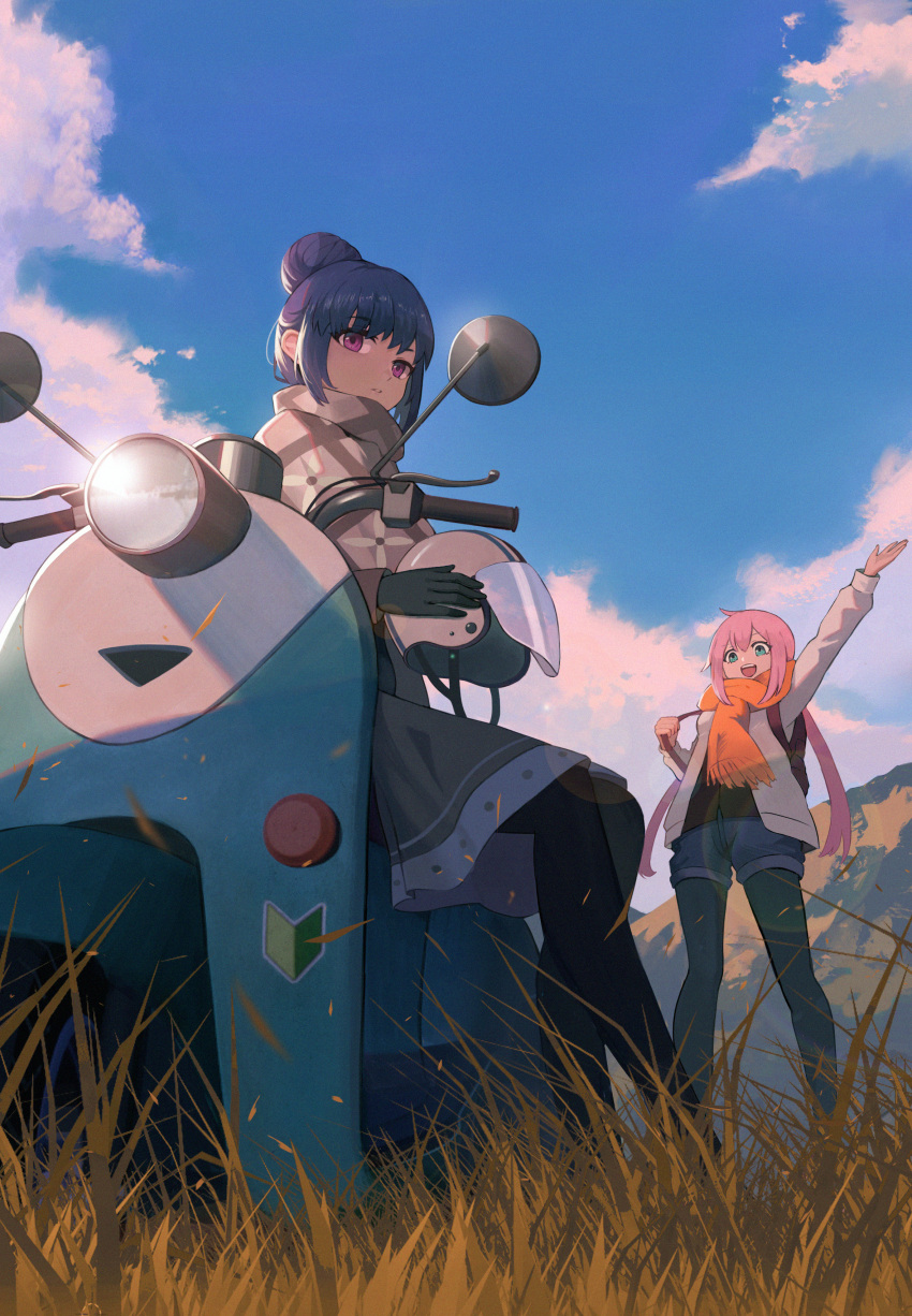 2girls absurdres arm_up bangs black_skirt blue_eyes blue_hair blue_shorts blue_sky cloud commentary day dress feet_out_of_frame from_below gloves grass green_dress green_eyes green_gloves ground_vehicle hair_bun helmet highres holding holding_helmet jacket jorinz kagamihara_nadeshiko lens_flare long_hair long_sleeves looking_at_viewer motor_vehicle motorcycle_helmet mountain multiple_girls on_scooter open_clothes open_jacket open_mouth orange_scarf outdoors pantyhose parted_lips pink_hair purple_eyes scarf scooter shima_rin short_hair shorts single_hair_bun sitting skirt sky standing symbol-only_commentary teeth upper_teeth_only white_jacket yurucamp