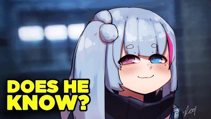 1girl bangs batman_(series) blue_eyes blush collar commission commissioner_upload crr001 dc_comics does_he_know?_(meme) english_text girls'_frontline girls'_frontline_neural_cloud grey_hair heterochromia highres kuro_(girls'_frontline_nc) long_hair looking_at_viewer mdr_(girls'_frontline) meme multicolored_hair non-web_source pink_eyes pink_hair portrait side_ponytail signature smile solo streaked_hair the_batman_(2022)