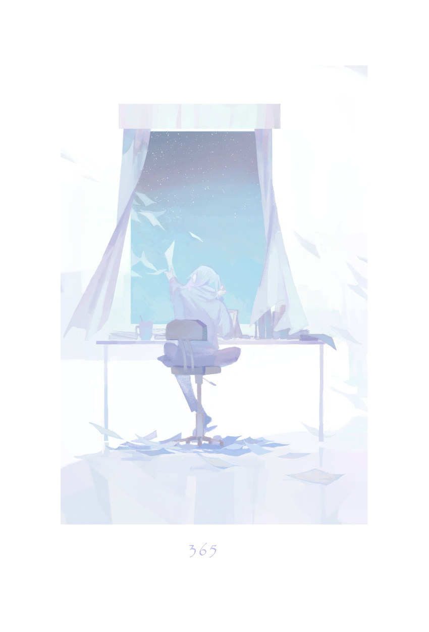 1girl absurdres chair commentary cup curtains desk english_commentary flying_paper from_behind full_body han_sooyoung highres holding holding_paper indoors long_sleeves medium_hair office_chair omniscient_reader's_viewpoint pale_color pants paper sabimilia sitting solo white_background window