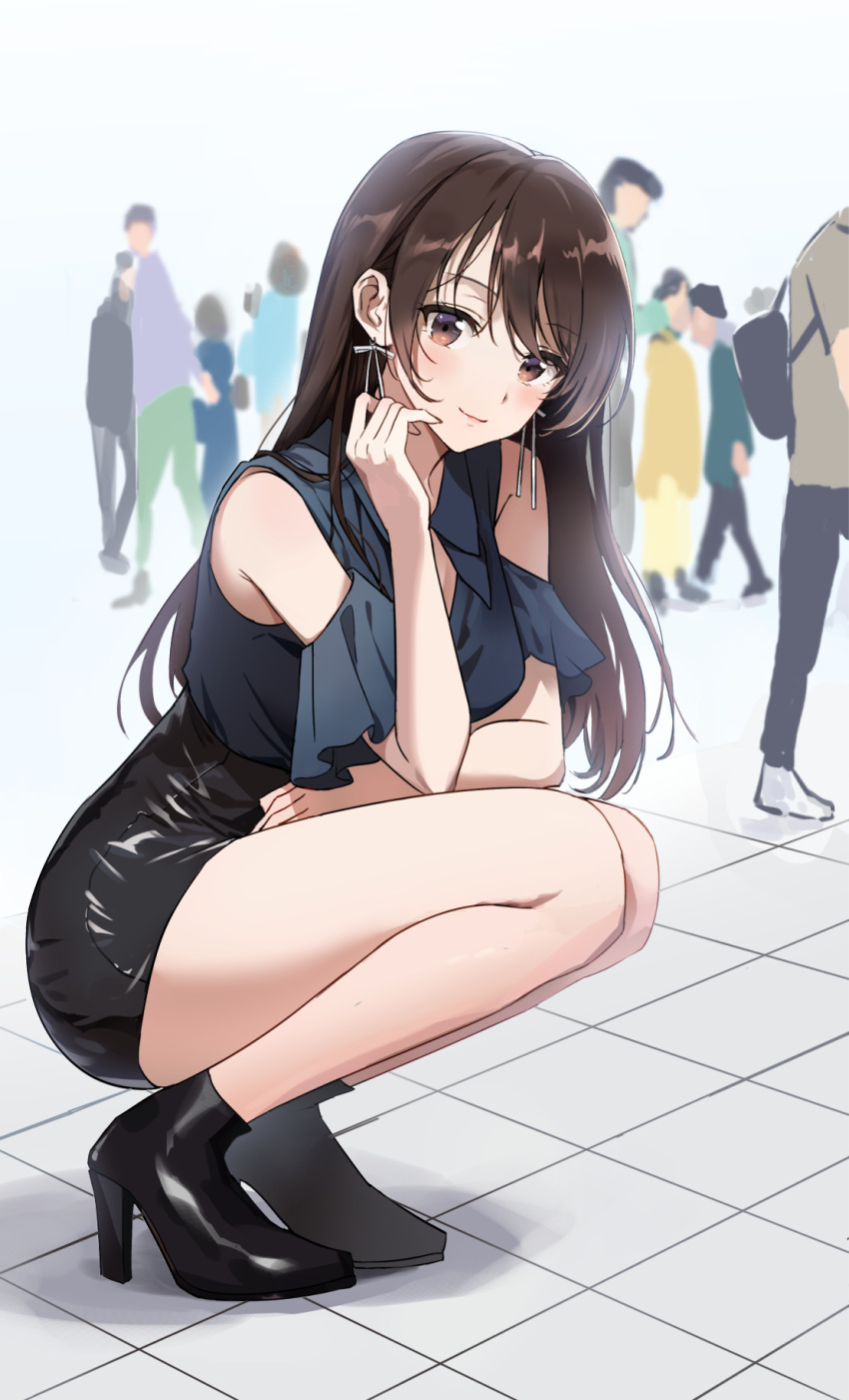 bangs bare_shoulders black_eyes black_footwear black_skirt blue_shirt blurry blush breasts brown_hair closed_mouth commentary dangle_earrings depth_of_field earrings hair_between_eyes hand_up high_heels highres jewelry kanojo_okarishimasu kuza_brs long_hair looking_at_viewer medium_breasts miniskirt mizuhara_chizuru shirt shirt_tucked_in skirt solo_focus squatting thighs