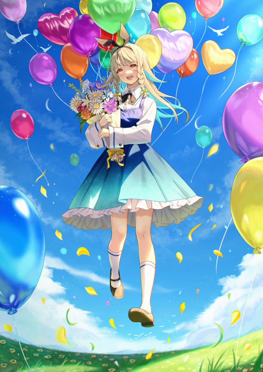 1girl :d absurdres animal_ears balloon bangs bird black_headband blonde_hair blue_dress blue_sky blush bow braided_sidelock brown_ribbon calder_(pixiv3698273) cloud collared_shirt colored_inner_hair commentary_request day dress facing_viewer fake_animal_ears floating flower frilled_dress frills full_body grass green_hair hair_flaps headband highres holding holding_flower loafers long_hair long_sleeves looking_ahead low_tied_sidelocks multicolored_hair neck_ribbon open_mouth orange_flower original outdoors pink_flower rabbit_ears ribbon shirt shoes sky smile socks solo teeth too_many_balloons upper_teeth_only white_bird white_flower white_shirt white_socks yellow_bow yellow_eyes