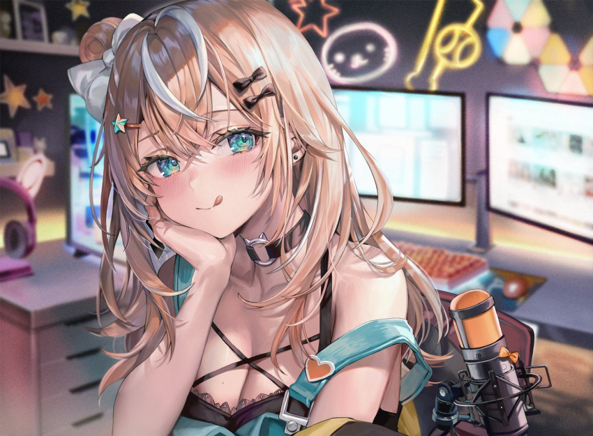 1girl :q aqua_eyes bangs bare_arms bare_shoulders black_choker black_shirt blonde_hair blurry bow breasts choker cleavage closed_mouth depth_of_field earrings hair_bow hair_bun hand_up head_rest igarashi_rika jewelry lace_trim long_hair looking_at_viewer microphone mole mole_on_breast momoko_(momopoco) multicolored_hair nijisanji overalls shirt single_side_bun sleeveless sleeveless_shirt smile solo strap_slip streaked_hair stud_earrings tongue tongue_out upper_body virtual_youtuber