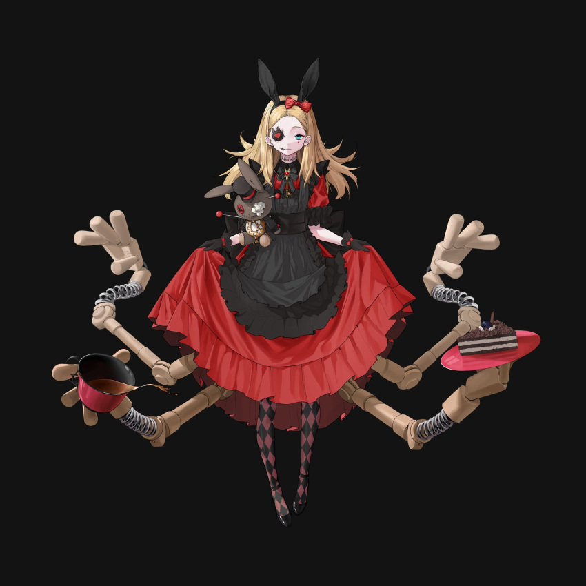 1girl alice_(alice_in_wonderland) alice_in_wonderland animal_ears bandage_over_one_eye black_background black_bow black_bowtie black_dress black_footwear black_gloves blonde_hair blue_eyes bow bowtie cake cake_slice chocolate_cake closed_mouth coffee cup dress expressionless fake_animal_ears food frilled_dress frills gloves hair_bow hair_spread_out halloween_costume hat highres holding holding_cup holding_plate lolita_fashion long_hair looking_at_viewer mechanical_arms mini_hat mini_top_hat misa_(929382672) pantyhose plaid plaid_legwear plate rabbit_ears red_bow red_dress simple_background skirt_hold stitched_mouth stitched_neck stitches stuffed_animal stuffed_bunny stuffed_toy top_hat two-tone_dress