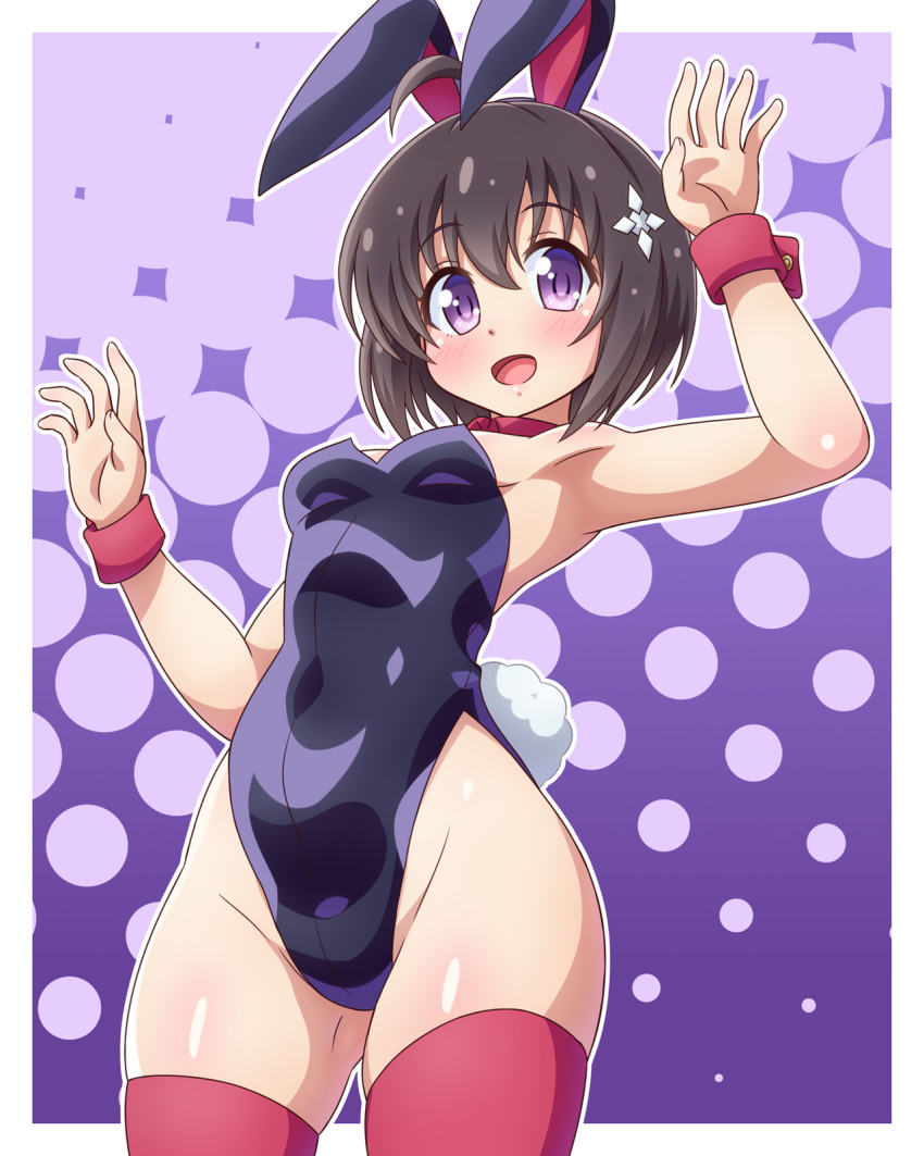 ahoge animal_ears armpits bangs black_hair black_leotard breasts choker cowboy_shot fake_animal_ears highres itai_no_wa_iya_nano_de_bougyoryoku_ni_kyokufuri_shitai_to_omoimasu leotard maple_(bofuri) open_mouth playboy_bunny purple_eyes rabbit_ears rabbit_tail red_choker red_thighhighs short_hair small_breasts smile strapless strapless_leotard tail thighhighs waving wrist_cuffs yosuzu