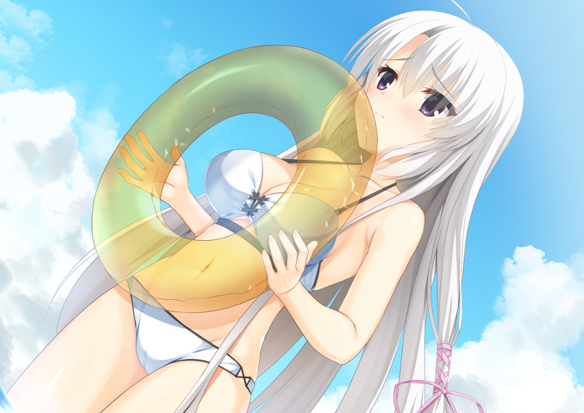 1girl 8kumagawa_(log) absurdres ahoge ayachi_nene bangs bare_arms bikini blue_sky blush breasts cameltoe cleavage closed_mouth cloud collarbone cross-laced_bikini cross-laced_clothes dutch_angle embarrassed eyelashes fingernails from_below frown furrowed_brow hair_between_eyes hair_ribbon highres holding holding_innertube innertube large_breasts long_hair purple_eyes purple_ribbon ribbon sanoba_witch sidelocks sky solo swimsuit thighs transparent_innertube very_long_hair water white_bikini white_hair yellow_innertube