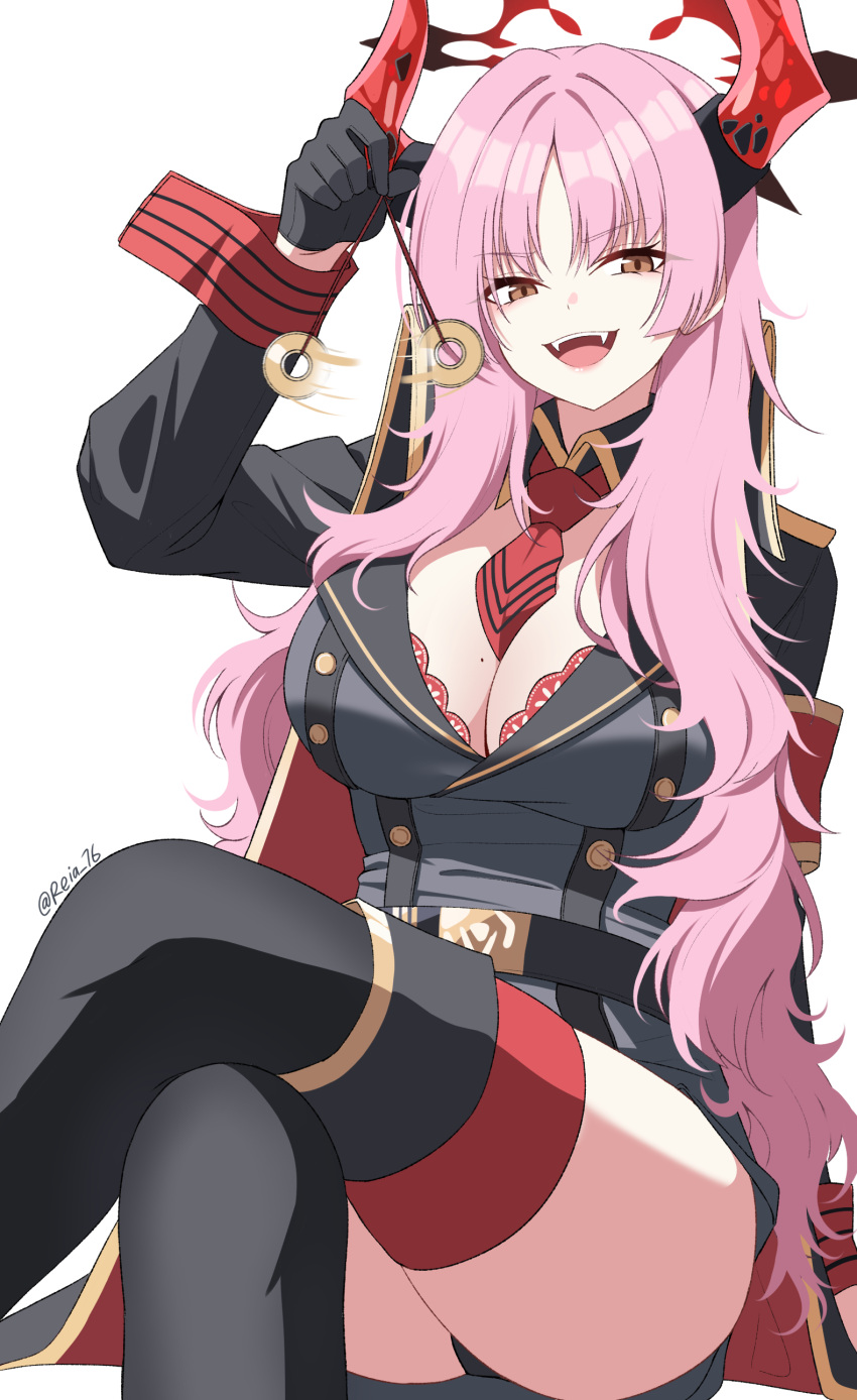 1girl absurdres black_gloves black_thighhighs blue_archive bra breasts brown_eyes cleavage coin commentary_request crossed_legs demon_horns fangs gloves halo highres holding_pendulum holed_coin horns jewelry large_breasts long_hair military military_uniform mole mole_on_breast necktie pendulum pink_hair red_armband red_bra red_necktie reia_76 satsuki_(blue_archive) solo thighhighs underwear uniform