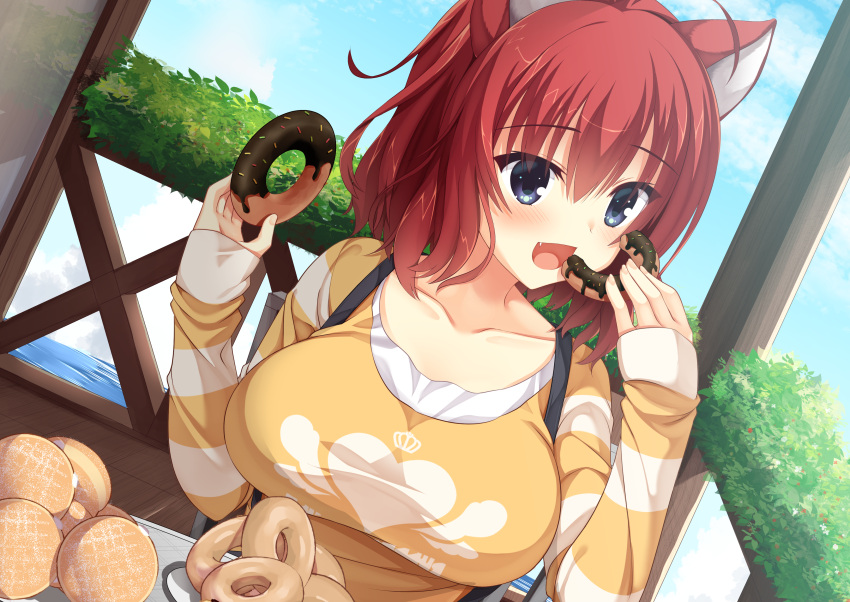 1girl 8kumagawa_(log) absurdres ahoge amairo_islenauts animal_ears balcony bangs blue_eyes blue_sky blush breasts chocolate collarbone crown_print doughnut eating eyelashes fang fingernails food hair_between_eyes hands_up happy heart heart_print highres holding holding_food large_breasts looking_at_food looking_to_the_side masaki_gaillard medium_hair on_chair open_mouth plant potted_plant red_hair shirt sitting sky sleeves_past_wrists smile solo striped_sleeves suspenders table wolf_ears wolf_girl yellow_shirt