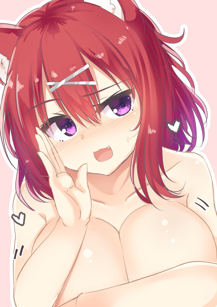 1girl :3 :d absurdres amairo_islenauts animal_ear_fluff animal_ears bangs blush breast_hold breasts cleavage collarbone commentary_request completely_nude covering covering_breasts fang hair_between_eyes hair_ornament hand_to_own_mouth hand_up head_tilt heart highres large_breasts looking_at_viewer masaki_gaillard medium_hair motion_lines nose_blush nude open_mouth outline pink_background purple_eyes raised_eyebrow red_hair seductive_smile segaxtu shiny_skin sidelocks simple_background smile smug solo sweatdrop upper_body white_outline wolf_ears wolf_girl x_hair_ornament