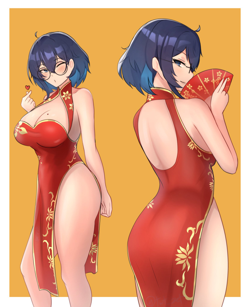 1girl ass backless_outfit bangs bare_shoulders black_eyes black_hair breasts china_dress chinese_clothes cleavage cleavage_cutout clothing_cutout dress folding_fan glasses hand_fan heart highres holding holding_fan medium_breasts mole mole_on_breast multiple_views one_eye_closed original pelvic_curtain smile zet_(twt_zet)