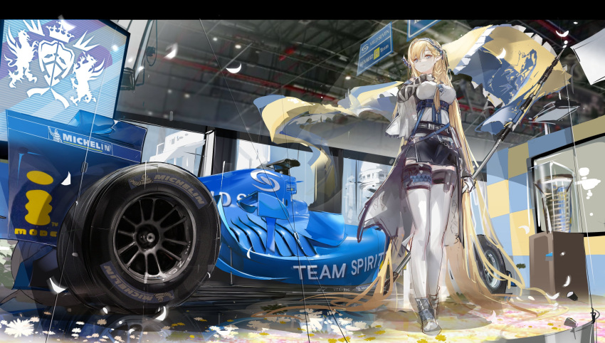 1girl absurdly_long_hair arknights banner black_gloves blonde_hair blue_eyes blue_hairband braid breasts car dragon_horns elbow_gloves flag from_below gloves ground_vehicle hair_spread_out hairband high-waist_skirt highres holding holding_flag horns indoors large_breasts long_hair looking_down matsuura_kagami motor_vehicle perspective pointy_ears race_vehicle racecar reflective_floor renault_r25 saileach_(arknights) shirt single_braid skirt smile solo standing thighhighs very_long_hair white_shirt white_thighhighs
