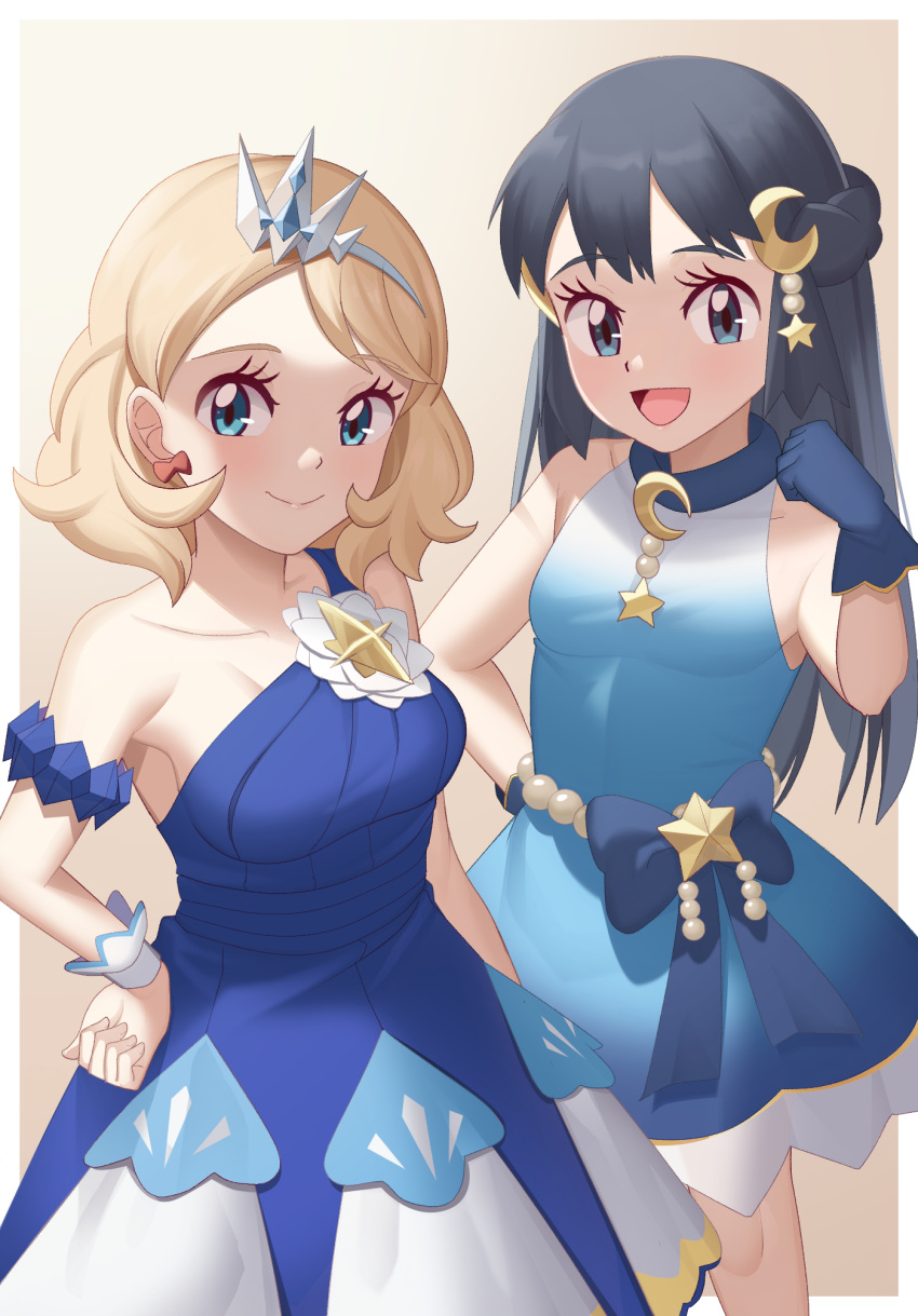 2girls :d armlet bangs beads black_hair blonde_hair blue_dress blue_gloves border bow breasts brown_background closed_mouth collarbone commentary_request crescent crescent_hair_ornament dawn_(pokemon) dress earrings eyelashes flower gazing_eye gloves green_eyes hair_ornament hand_on_hip hand_up highres jewelry knees long_hair medium_hair multiple_girls official_alternate_costume open_mouth pokemon pokemon_(anime) pokemon_(game) pokemon_journeys pokemon_masters_ex serena_(champion)_(pokemon) serena_(pokemon) short_dress single_strap smile tongue white_border white_flower wrist_cuffs