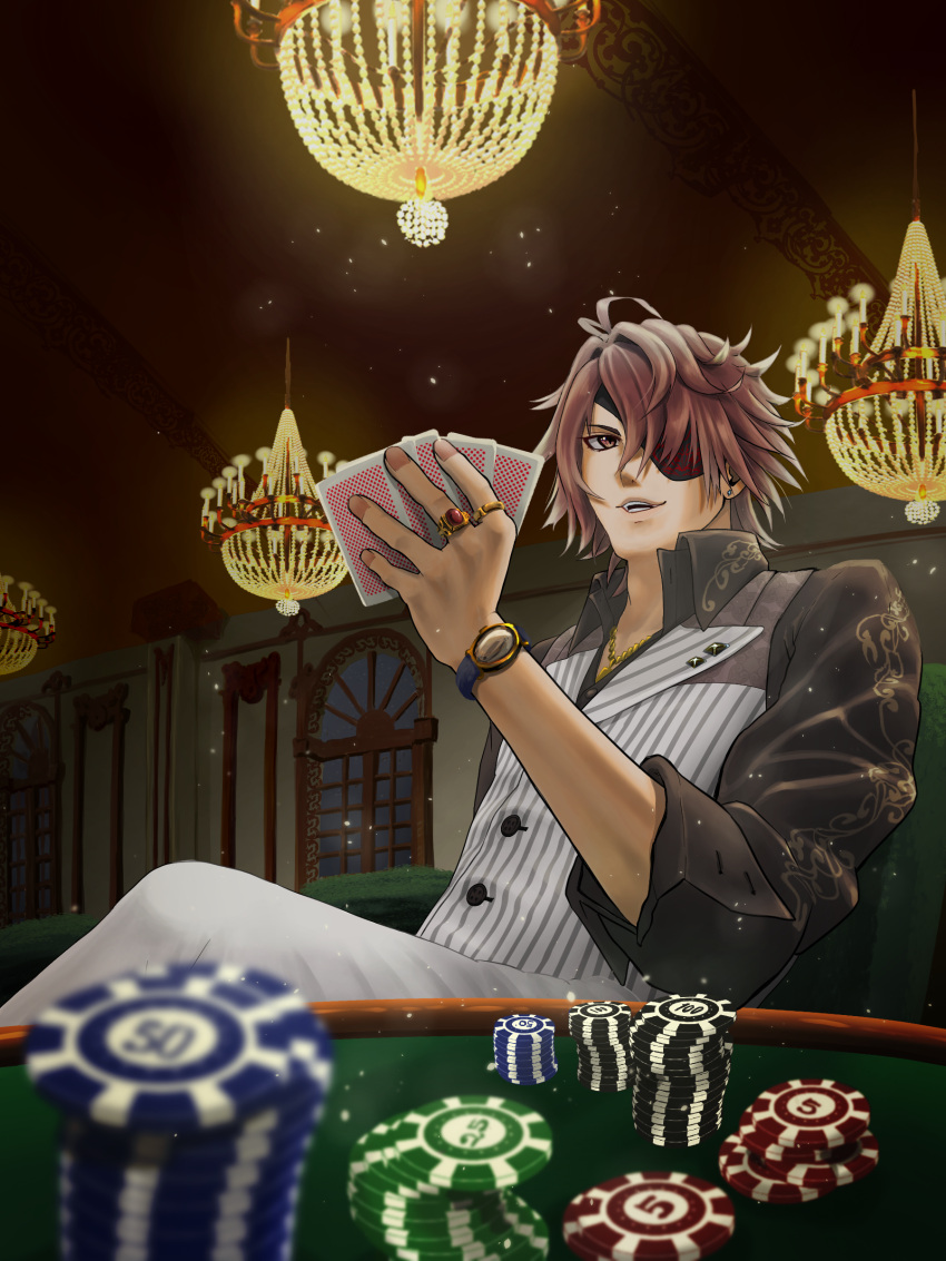 1boy absurdres brown_eyes brown_hair card casino chandelier eyepatch gilbert_redford highres holding holding_card indoors jewelry looking_at_viewer male_focus messy_hair necklace okado_ruka pants pinstripe_pattern pinstripe_shirt piofiore_no_bansho poker_chip ring shirt sitting solo striped watch white_pants wristwatch