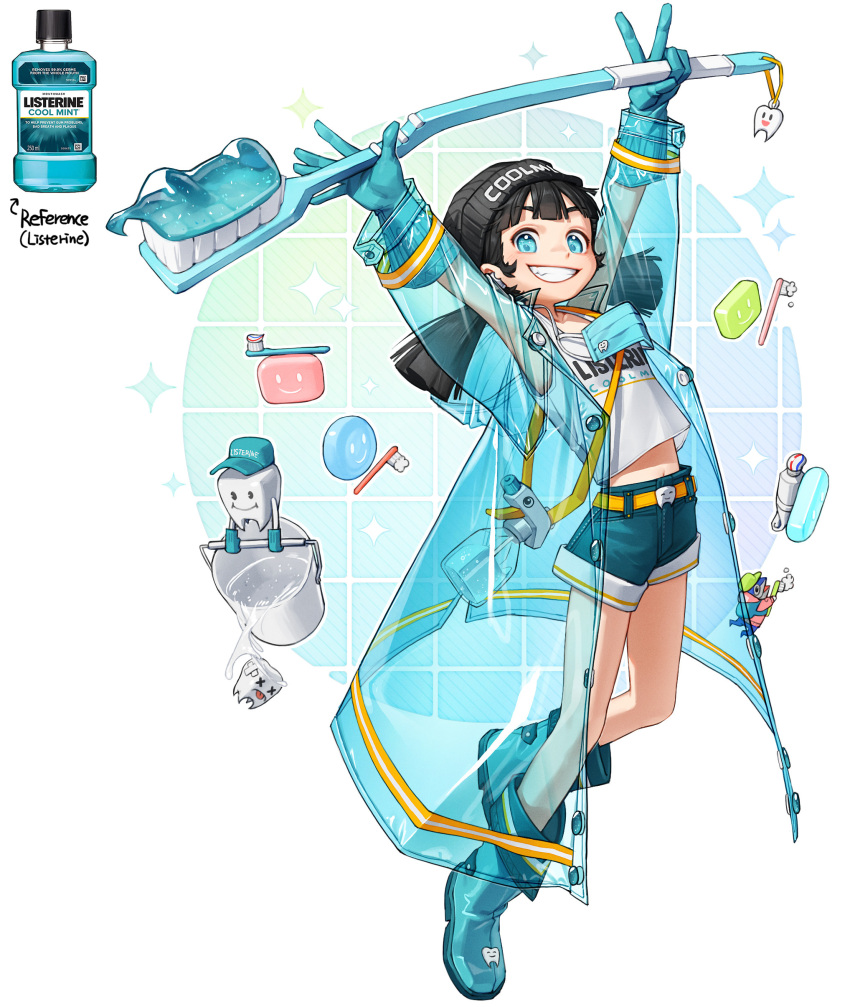 1girl absurdres arms_up bangs bare_legs beanie black_hair black_headwear blue_coat blue_eyes blue_footwear blue_gloves blue_shorts boots coat full_body gloves hat highres listerine midriff mouthwash navel orange_belt original oversized_object parted_lips personification print_tank_top rinotuna see-through_coat shorts smile soap solo tank_top tooth toothbrush twintails white_tank_top