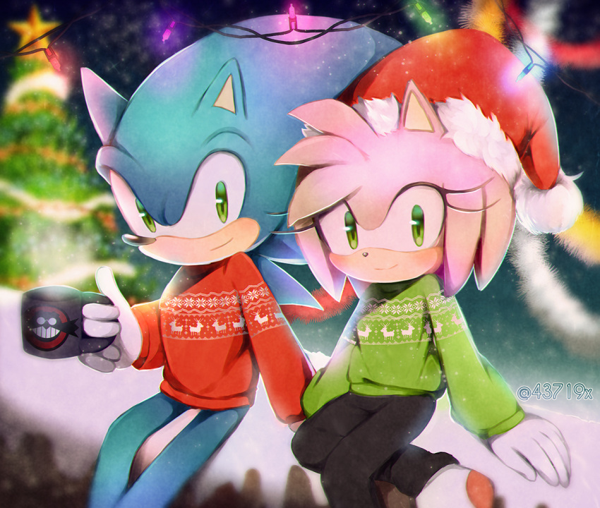 1boy 1girl amy_rose animal_ears animal_nose animal_print artist_name black_pants black_sky blue_fur blue_sky blurry blurry_background blush character_print christmas_tree closed_mouth commentary cup deer_print dr._eggman english_commentary eyelashes fence fur-trimmed_headwear fur_trim furry furry_female furry_male garland_(decoration) gloves gradient_sky green_eyes green_sweater hand_up hat hedgehog hedgehog_ears hedgehog_girl holding holding_cup leg_up light long_sleeves looking_at_viewer night night_sky no_shoes pants pink_fur pom_pom_(clothes) puffy_long_sleeves puffy_sleeves red_headwear red_sweater rellyia santa_hat sitting sky smile snow snowflake_print snowing socks sonic_(series) sonic_the_hedgehog star_(symbol) steam sweater white_gloves white_socks winter
