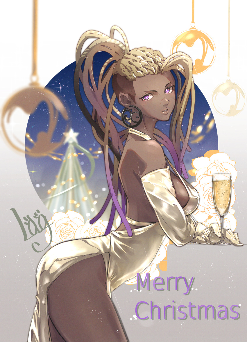 1girl absurdres alcohol artist_name backless_dress backless_outfit bare_shoulders breasts champagne champagne_flute christmas cup dark-skinned_female dark_skin dreadlocks dress drinking_glass earrings elbow_gloves flower formal gloves highres holding holding_cup hoop_earrings invisible_table jewelry lag_(wo76_a) large_breasts long_hair looking_at_viewer master_raven parted_lips purple_eyes rose shirt single_earring solo teeth tekken tekken_7 very_dark_skin white_flower white_rose white_shirt yellow_dress yellow_gloves
