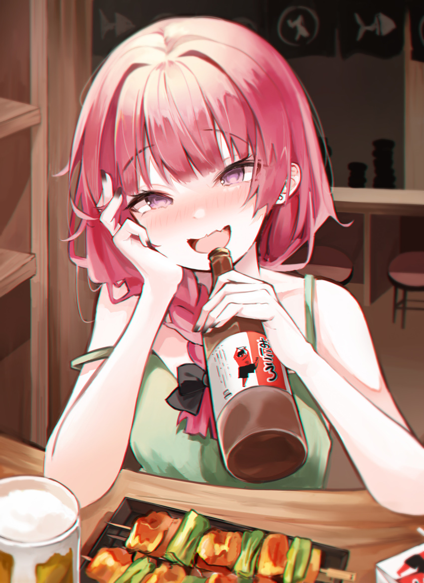 1girl absurdres alcohol bangs bare_shoulders beer beer_mug black_nails blush bocchi_the_rock! bottle bow braid braided_ponytail carton cup dress drunk e_name earrings elbow_rest food green_dress hair_bow highres hiroi_kikuri holding holding_bottle indoors jewelry long_hair mug noren nose_blush open_mouth pink_eyes pink_hair plate sleeveless sleeveless_dress smile solo stool strap_slip stud_earrings table tsurime