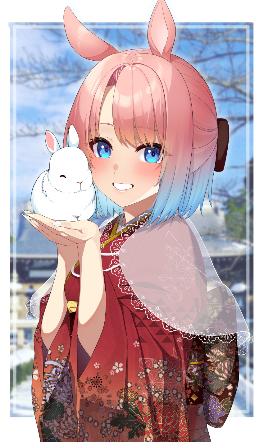 1girl absurdres animal animal_ears bangs bare_tree blue_eyes blue_hair blue_sky blurry blurry_background bob_cut day depth_of_field furisode go-1 gradient_hair grin hatsumoude highres holding holding_animal japanese_clothes kemonomimi_mode kimono long_sleeves miruku_(go-1) multicolored_hair original outdoors pink_hair print_kimono rabbit rabbit_ears red_kimono see-through_shawl shawl short_hair sky smile solo temple textless_version tree white_shawl wide_sleeves