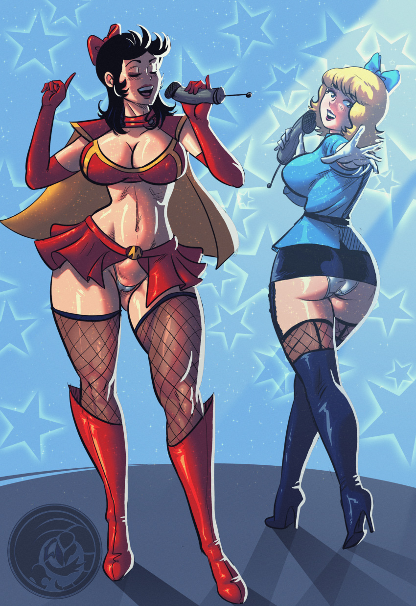2girls artist_request black_footwear black_hair blonde_hair blue_bow boots bow cape capitana_galaxia character_request crop_top dildo elbow_gloves fishnets gloves highres holding holding_sex_toy micro_panties microphone microskirt midriff multiple_girls music navel non-web_source panties pantyshot red_bow red_footwear sex_toy singing skirt underwear white_panties zor_and_the_invincibles