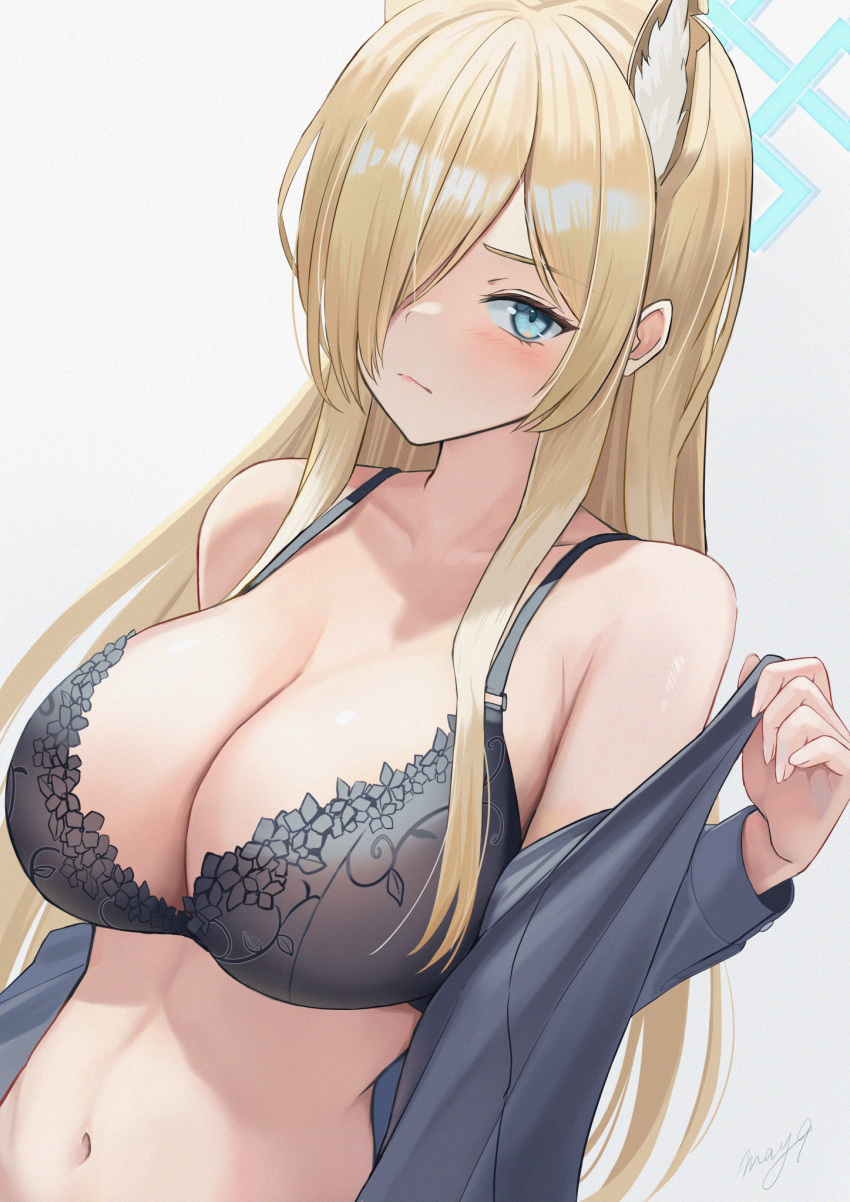 1girl animal_ears asymmetrical_bangs bangs black_bra blonde_hair blue_archive blue_eyes blush bra breasts closed_mouth dutch_angle extra_ears hair_over_one_eye halo highres kanna_(blue_archive) large_breasts lingerie long_hair looking_at_viewer may9 midriff signature simple_background solo underwear undressing upper_body white_background