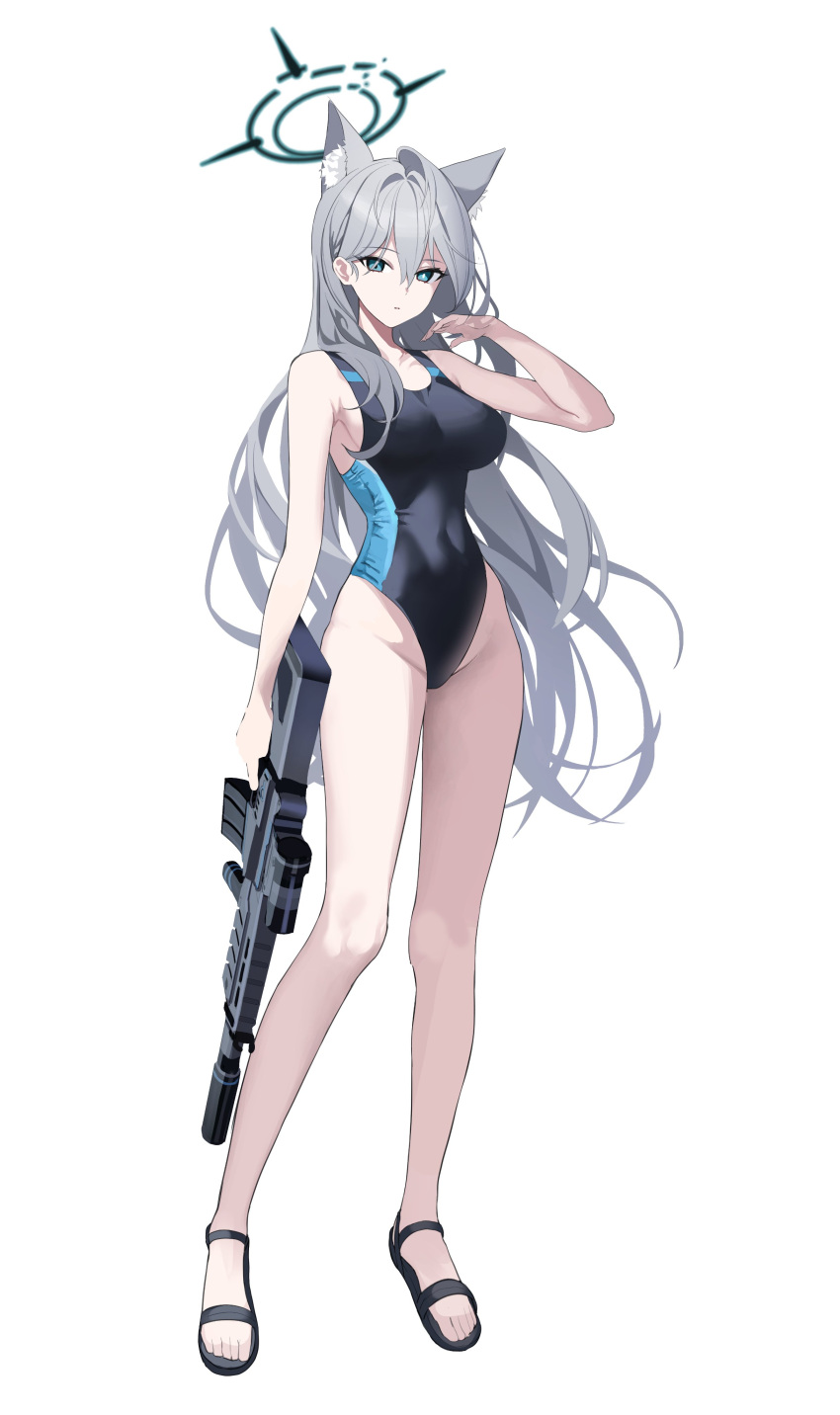 1girl absurdres alternate_costume animal_ears assault_rifle bare_legs bare_shoulders blue_archive blue_eyes breasts broken_halo cosplay covered_navel diamond-shaped_pupils diamond_(shape) expressionless full_body grey_hair groin gun hair_between_eyes halo hand_up highres holding holding_gun holding_weapon legs long_hair looking_at_viewer medium_breasts mismatched_pupils nagul one-piece_swimsuit parted_lips rifle sandals shiroko_(blue_archive) shiroko_(blue_archive)_(cosplay) shiroko_(swimsuit)_(blue_archive) shiroko_(terror)_(blue_archive) sig_sauer sig_sauer_556 simple_background slit_pupils solo staring swimsuit symbol-shaped_pupils very_long_hair weapon white_background