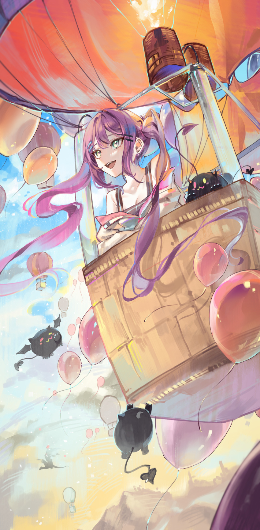 1girl absurdres ahoge aircraft balloon bangs bibi_(tokoyami_towa) blue_sky cloud cocoballking earrings fire flame green_eyes hair_ornament hairpin happy highres hololive hot_air_balloon jewelry long_hair looking_to_the_side open_mouth purple_hair sky smile solo teeth tokoyami_towa twintails upper_teeth_only virtual_youtuber