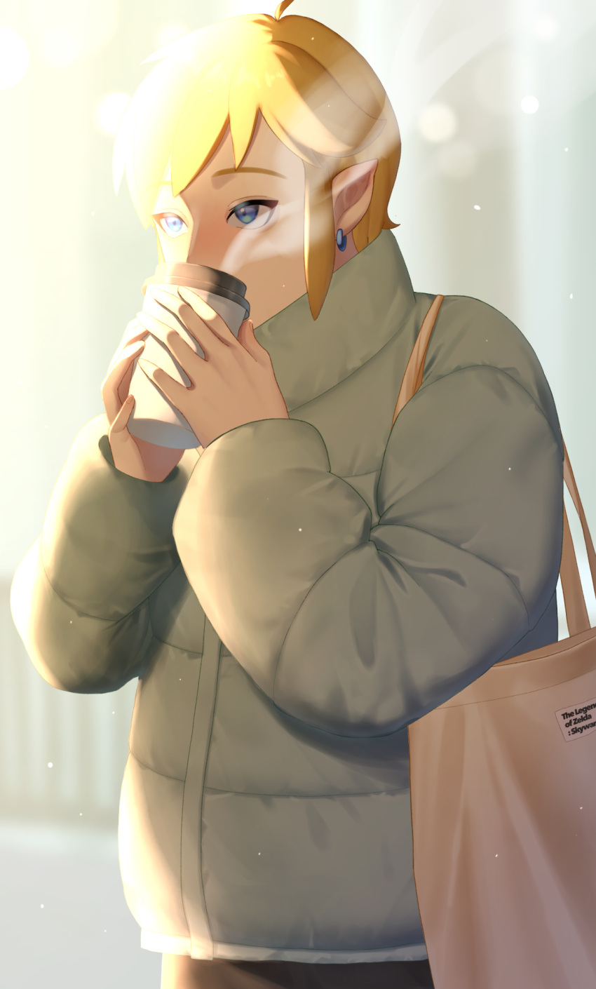 1boy bag blonde_hair blue_eyes coat coffee_cup commentary_request contemporary cup disposable_cup drinking earrings highres holding holding_bag jewelry jimaku link male_focus pointy_ears solo steam sunlight the_legend_of_zelda upper_body winter_clothes winter_coat