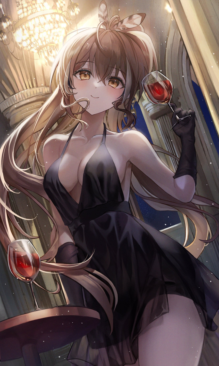 1girl absurdres alcohol ballroom bangs bare_legs bare_shoulders black_dress black_gloves breasts brown_hair chandelier chie_(user_snfh8333) collarbone cup dress drinking_glass elbow_gloves gloves hair_between_eyes highres hololive hololive_english indoors long_hair looking_at_viewer medium_breasts nanashi_mumei pillar revealing_clothes see-through sideboob smile standing straight_hair table thighs very_long_hair virtual_youtuber wine wine_glass