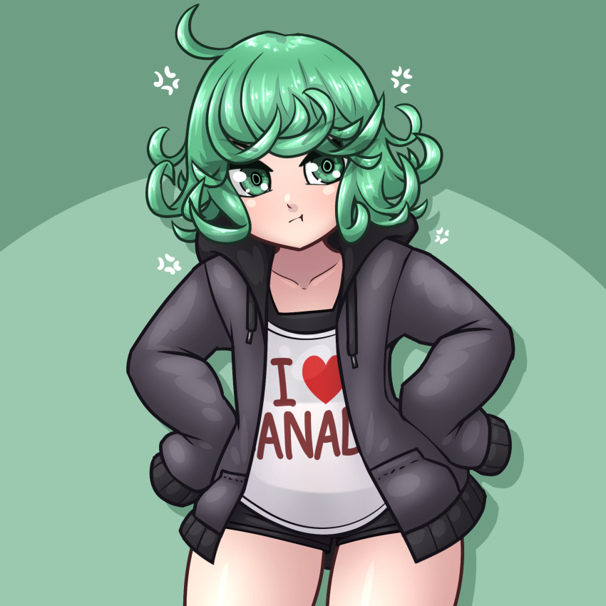 1girl ahoge anger_vein bangs black_jacket commentary english_commentary green_eyes green_hair highres jacket limebreaker one-punch_man pout short_shorts shorts sleeves_past_fingers sleeves_past_wrists solo tatsumaki