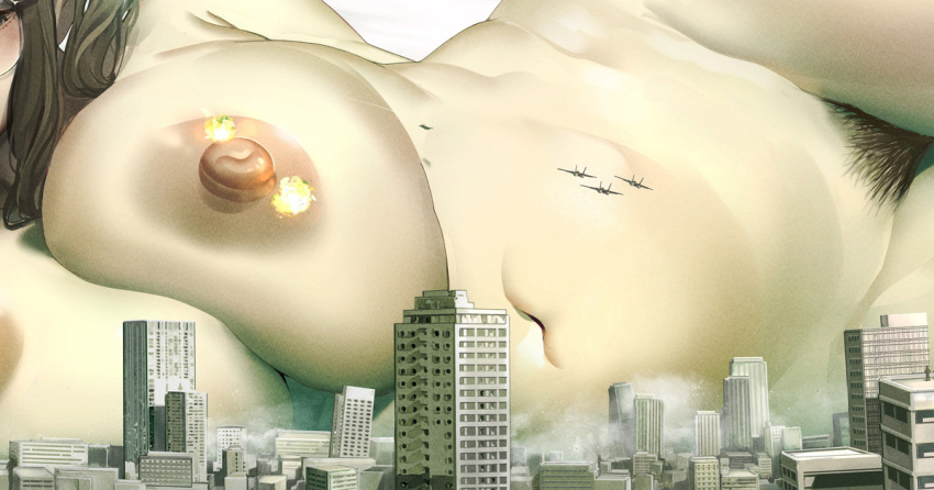aircraft airplane breasts building city completely_nude day destruction female_pubic_hair fighter_jet giant giantess huge_breasts jet lying military military_vehicle navel nipples nude on_side original outdoors pubic_hair urban uru_(uru0000)