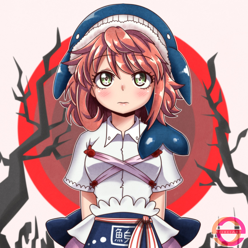 1girl arms_behind_back bangs bare_tree blush breasts closed_mouth frown green_eyes highres looking_at_viewer medium_breasts medium_hair okunoda_miyoi pink_hair seireiart simple_background solo touhou tree whale_hat wing_collar