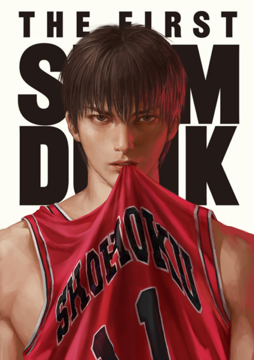 1boy absurdres bangs basketball_jersey basketball_uniform biting biting_clothes black_eyes black_hair commentary copyright_name highres korean_commentary looking_at_viewer male_focus mamba parted_lips realistic red_shirt rukawa_kaede shirt short_hair simple_background slam_dunk_(series) sleeveless sleeveless_shirt solo sportswear v-shaped_eyebrows white_background