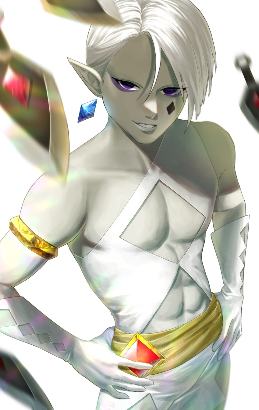 1boy abs armband commentary_request crystal_earrings earrings elbow_gloves ghirahim gloves hands_on_hips highres jewelry jimaku kunai male_focus motion_blur pale_skin pectorals pointy_ears purple_eyes smile solo the_legend_of_zelda the_legend_of_zelda:_skyward_sword upper_body weapon white_gloves white_hair