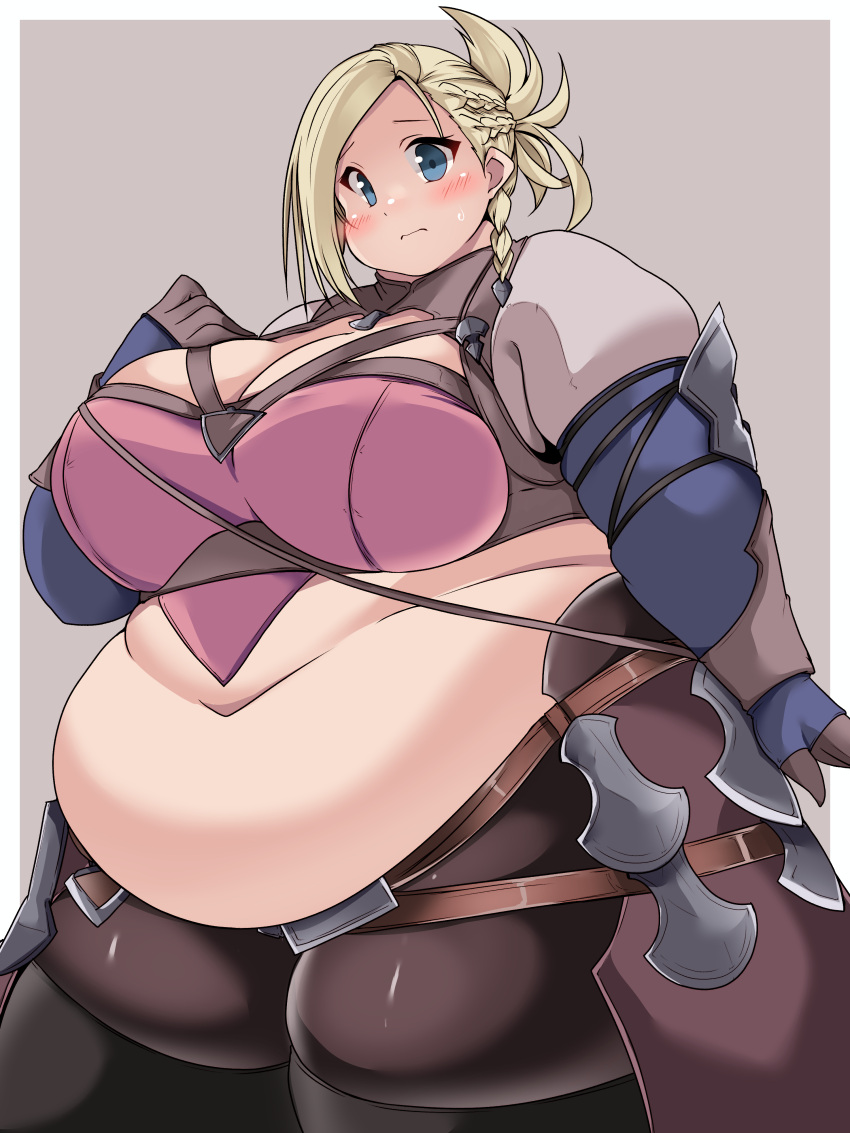 1girl absurdres belly big_belly blonde_hair blue_eyes blush braid breasts cleavage cleavage_cutout closed_mouth clothing_cutout commission crop_top dot_nose fat fat_rolls final_fantasy final_fantasy_xiv highres hyur kurokaze_no_sora large_breasts midriff minfilia_warde obese pantyhose plump short_ponytail skeb_commission solo sweatdrop thick_arms