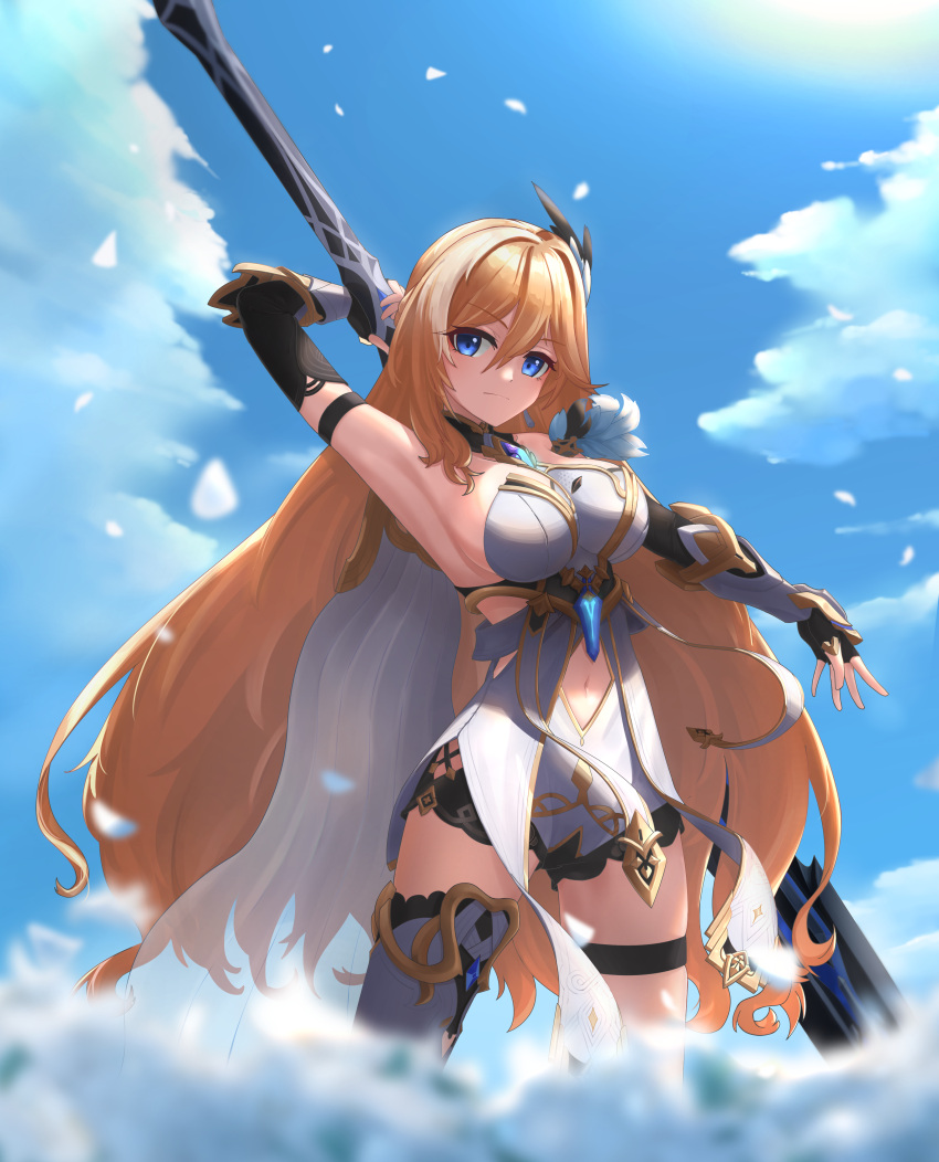 1girl absurdres arm_behind_back arm_up armor armored_dress armpits bangs bianka_durandal_ataegina bianka_durandal_ataegina_(palatinus_equinox) blonde_hair blue_eyes blue_sky blurry blurry_foreground boots breasts cleavage clothing_cutout cloud cloudy_sky fingerless_gloves flower gauntlets gloves hair_ornament highres holding holding_polearm holding_weapon honkai_(series) honkai_impact_3rd lance long_hair nabiyan navel navel_cutout outdoors petals polearm rose shirt single_boot sky solo thigh_strap weapon white_flower white_rose white_shirt