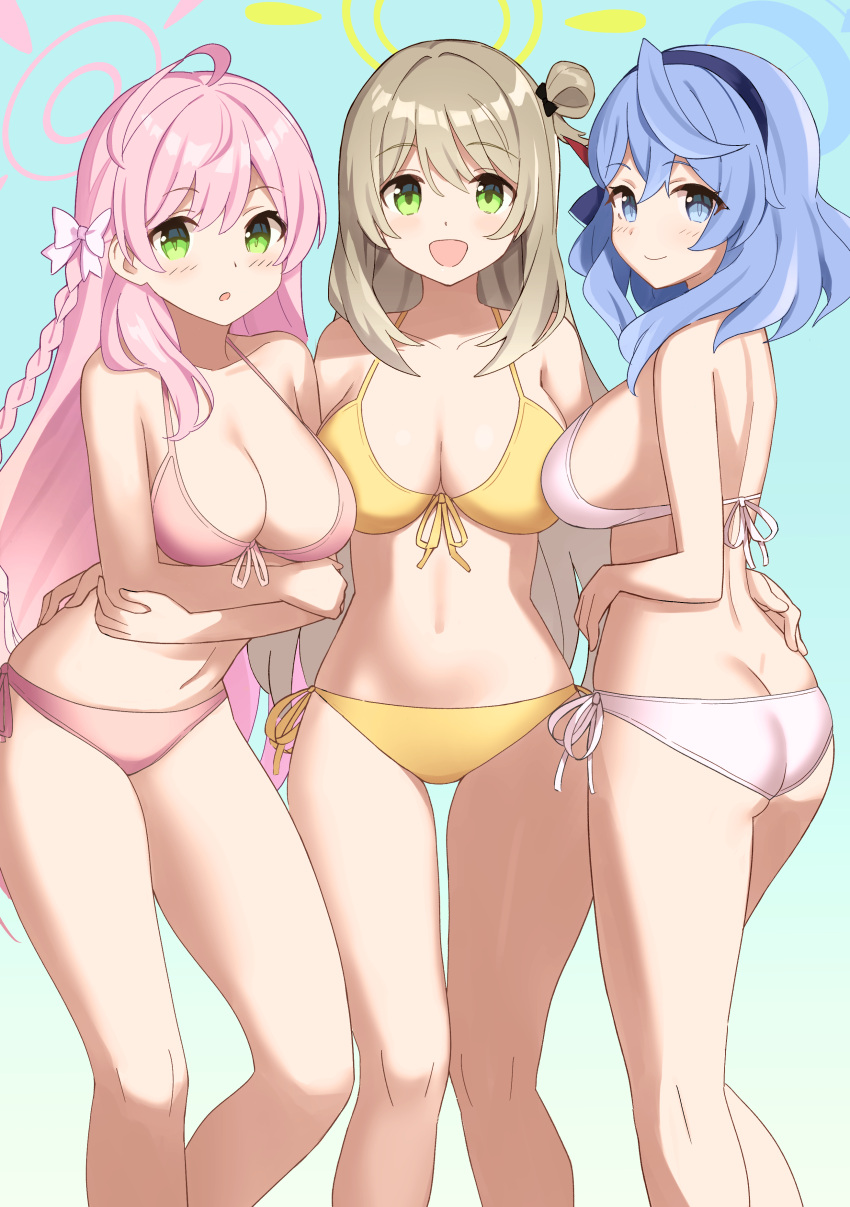 3girls :d :o absurdres ahoge ako_(blue_archive) ass bangs bikini black_bow blue_archive blue_eyes blue_hair blue_hairband bow braid breasts brown_hair commentary crossed_arms front-tie_bikini_top front-tie_top glastonbury1966 gradient_background green_eyes hair_bow hair_bun hairband halo hanako_(blue_archive) hand_on_another's_hip highres large_breasts leaning_forward long_hair looking_at_viewer multiple_girls navel nonomi_(blue_archive) pink_bikini pink_hair side-tie_bikini_bottom side_braid sideboob single_side_bun smile standing stomach swimsuit thighs very_long_hair white_bikini white_bow yellow_bikini