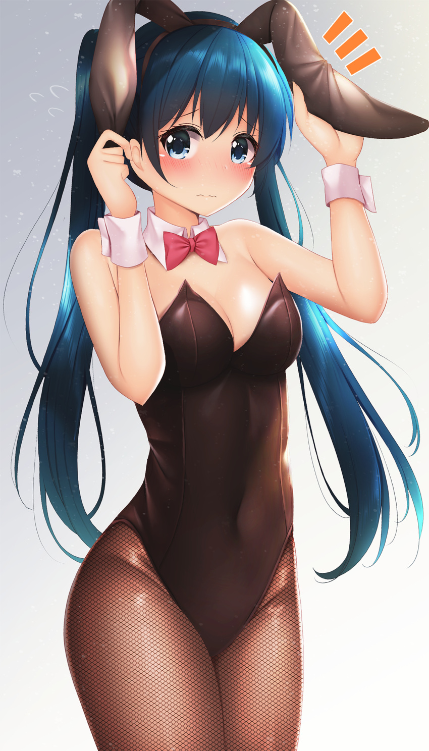 1girl animal_ears arms_up bangs black_hairband black_leotard blue_eyes blue_hair blush bow bowtie breasts brown_pantyhose cleavage closed_mouth commentary_request covered_navel cowboy_shot detached_collar fake_animal_ears fishnet_pantyhose fishnets grey_background hair_between_eyes hairband hand_on_own_ear highres kin-iro_mosaic komichi_aya leotard light_particles long_hair looking_at_viewer medium_breasts minato_ojitan notice_lines pantyhose pink_bow pink_bowtie playboy_bunny pulling_own_ear rabbit_ears raised_eyebrows revision shiny_skin simple_background solo standing strapless strapless_leotard striped striped_leotard tareme twintails very_long_hair wrist_cuffs