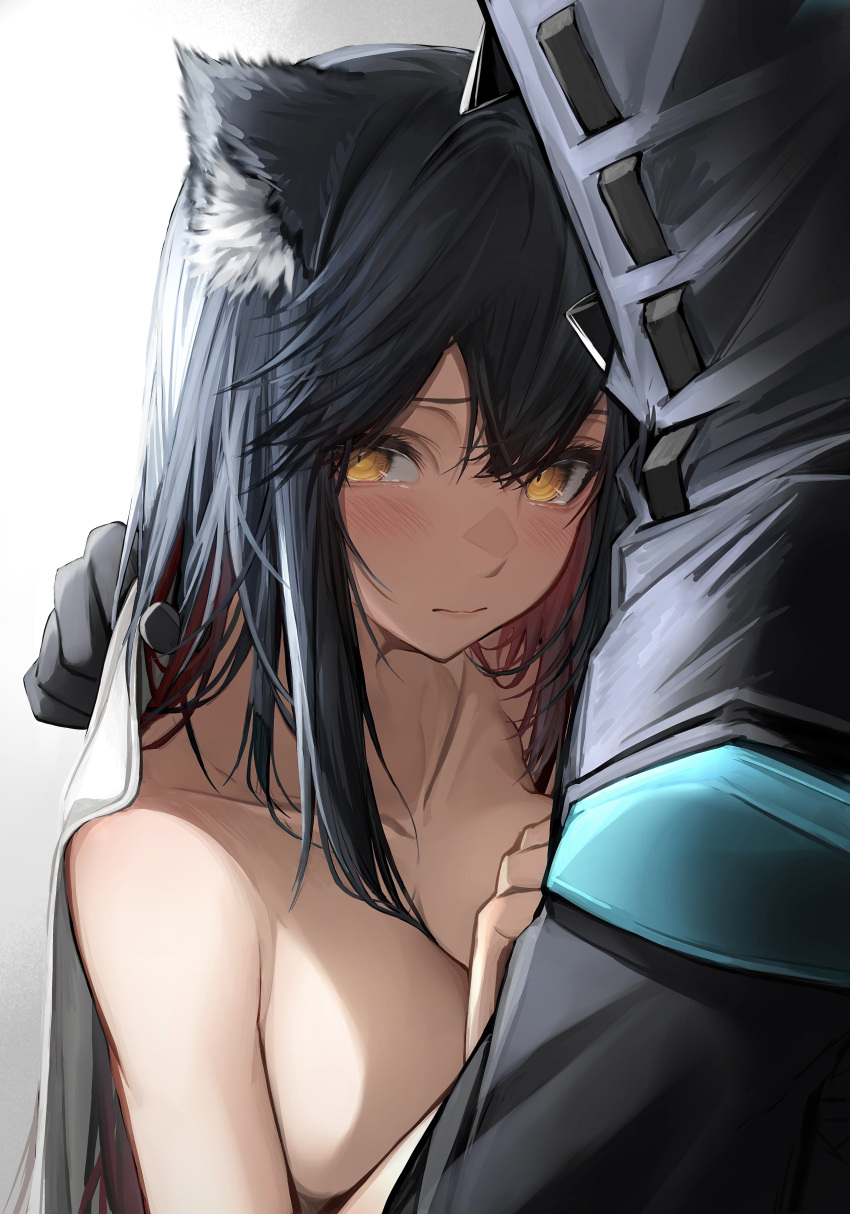 1boy 1girl absurdres animal_ears arknights black_gloves black_hair blush breasts closed_mouth clothed_male_nude_female colored_inner_hair doctor_(arknights) gloves highres large_breasts long_hair male_doctor_(arknights) multicolored_hair nude red_hair tab_head tail texas_(arknights) two-tone_hair upper_body wolf_ears wolf_tail yellow_eyes