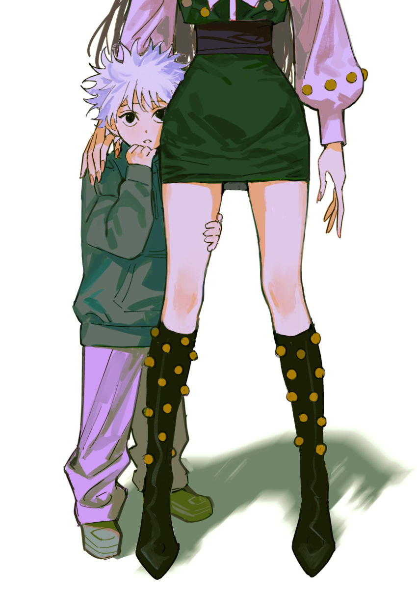 1boy 1girl arms_at_sides bangs black_footwear black_hair blurry boots brother_and_sister clinging commentary drawstring fingernails genderswap genderswap_(mtf) green_skirt hand_on_another's_shoulder hand_on_own_thigh hand_up head_out_of_frame highres hunter_x_hunter illumi_zoldyck irpot killua_zoldyck knee_boots leg_grab legs_apart miniskirt pants pencil_skirt sash shadow sharp_fingernails shoes short_hair siblings simple_background skirt spiked_hair white_background white_hair white_pants